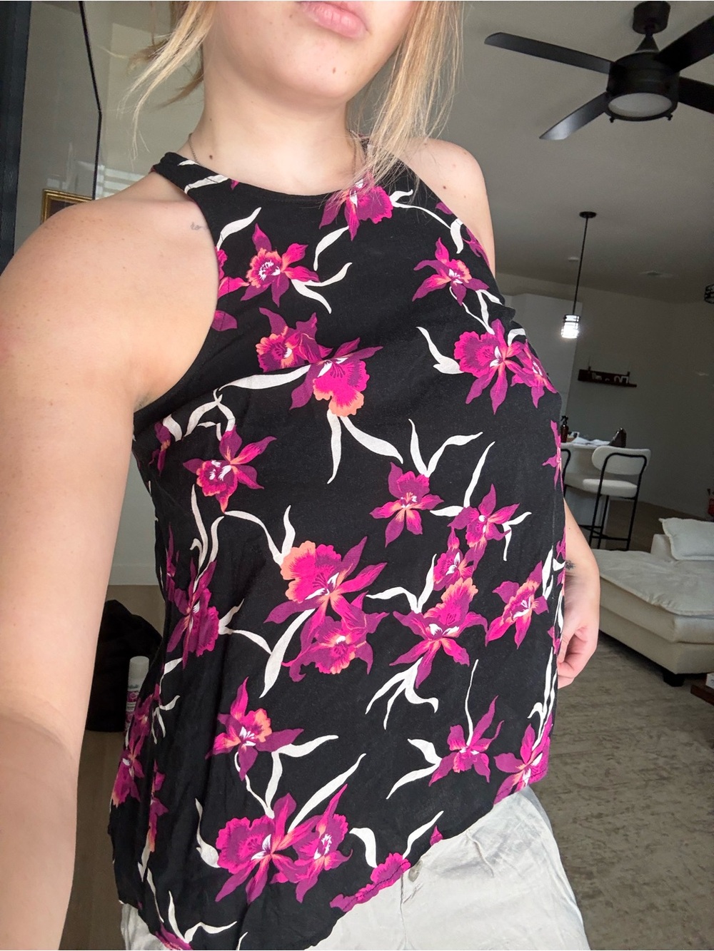 Old Navy Black Halter Tank with Pink Floral Print